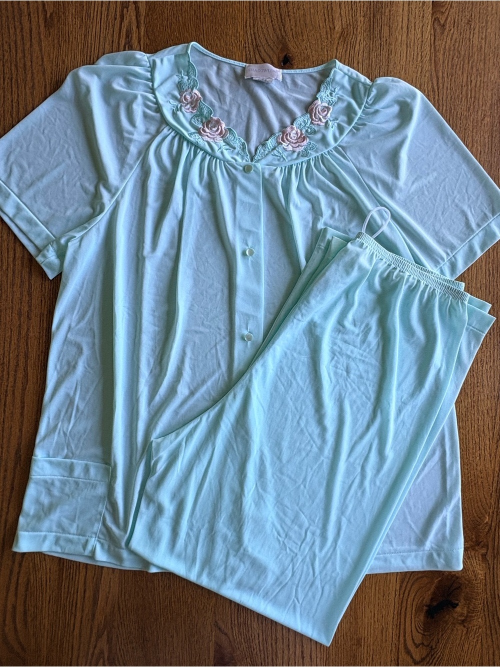 Shadowline Women's 38 Short-Sleeve Two-Piece Sleep Set with Floral Trim- Seafoam